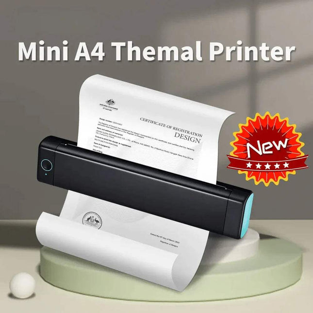 M08F A4 Portable Thermal Printer with a document on a gray background, featuring a 'New' badge.