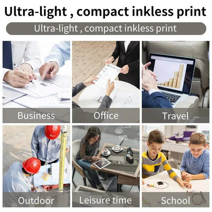 Collage of people in various settings using a M08F A4 Portable Thermal Printer labeled 'Ultra-light, compact inkless print'.