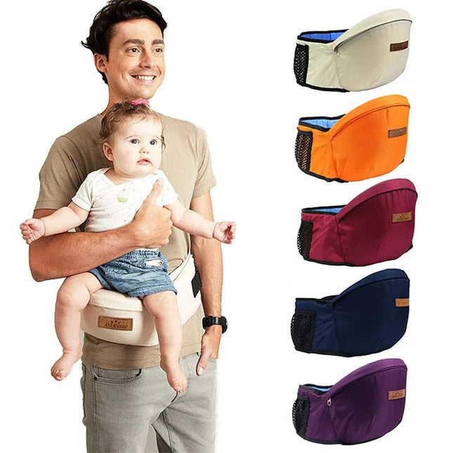 A father carries his baby in an Ergonomic Baby Waist Seat, showcasing various available colors.