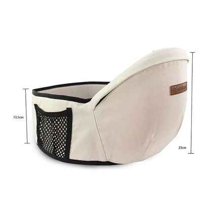 Ergonomic Baby Waist Seat side view with mesh pocket, measuring 13.5cm in height and 23cm in width.
