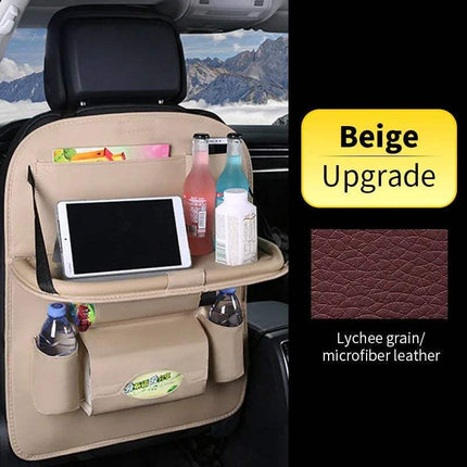 Car Back Seat Organizer Storage Bag with foldable table and storage pockets for drinks and devices.