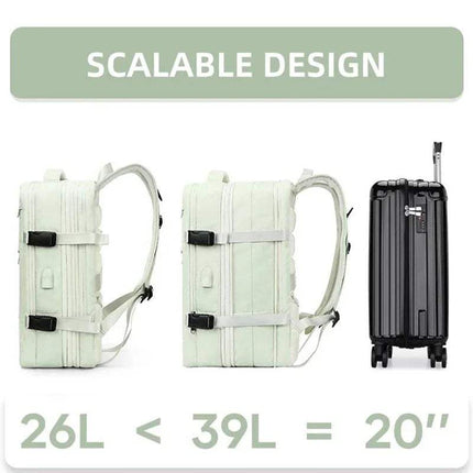 Three Extendible Travel Backpack Unisex of different sizes with a scalable design label above them.