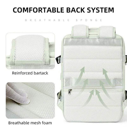 Extendible Travel Backpack Unisex with text highlighting comfortable back system features on a white background