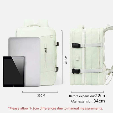 Extendible Travel Backpack Unisex with dimensions and an iPad for scale on a white background