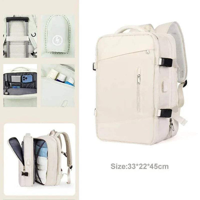 Beige White Extendible Travel Backpack Unisex with multiple compartments and a size label on a white background