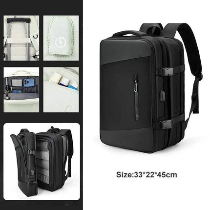 Black Extendible Travel Backpack Unisex with multiple compartments and a size label on a white background