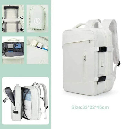 White Extendible Travel Backpack Unisex with multiple compartments and a size label on a white background