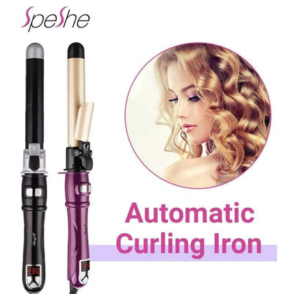 Automatic Curling Iron Ceramic Barrel with a close-up of a woman with styled hair.