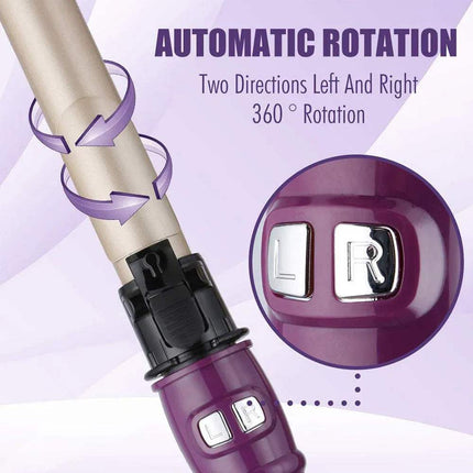 Automatic Curling Iron Ceramic Barrel with two directional arrows and a close-up of the switch on a purple background.