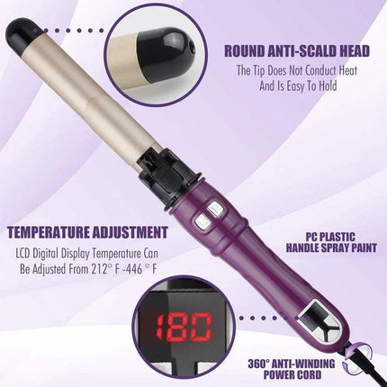 Purple Automatic Curling Iron Ceramic Barrel with digital temperature display on a purple background