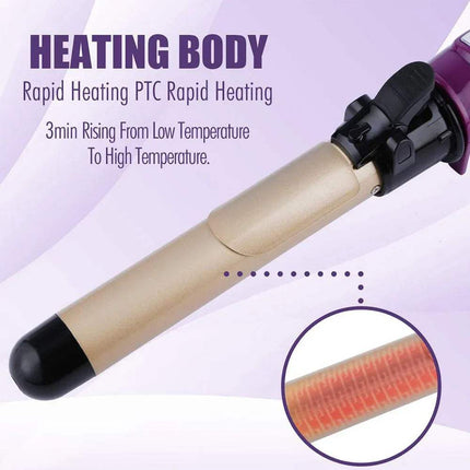 Automatic Curling Iron Ceramic Barrel with heating body feature on a light purple background