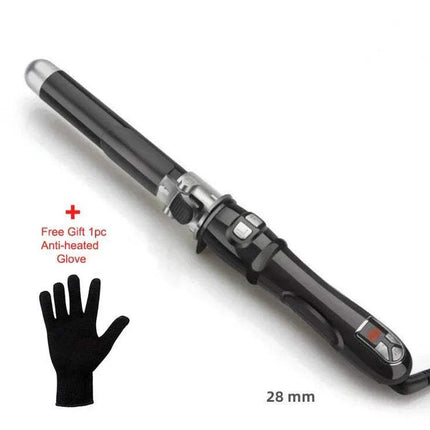 28mm Black Automatic Curling Iron Ceramic Barrel with a free black anti-heated glove on a white background