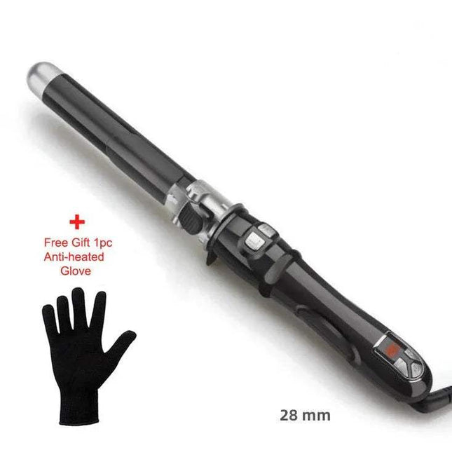 28mm Black Automatic Curling Iron Ceramic Barrel with a free black anti-heated glove on a white background