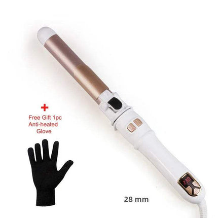 28mm white Automatic Curling Iron Ceramic Barrel with a free anti-heated glove on a white background