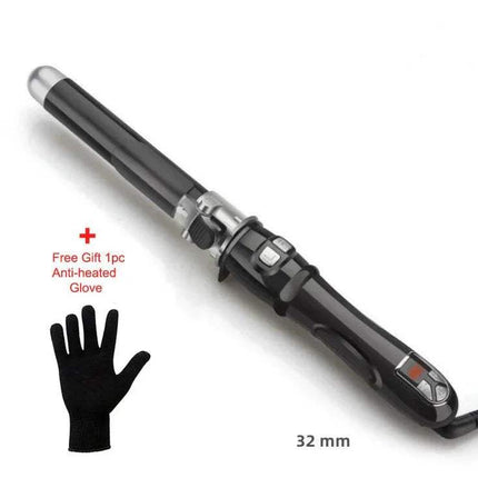 32mm Black Automatic Curling Iron Ceramic Barrel with a free gift anti-heated glove on a white background