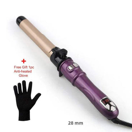 28mm Purple Automatic Curling Iron Ceramic Barrel with digital display and black anti-heat glove on a white background