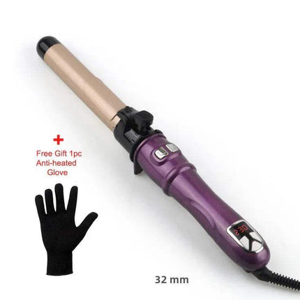 32mm Purple Automatic Curling Iron Ceramic Barrel with a black anti-heat glove on a white background