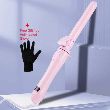 Pink Automatic Curling Iron Ceramic Barrel with a black anti-heated glove on a light blue background