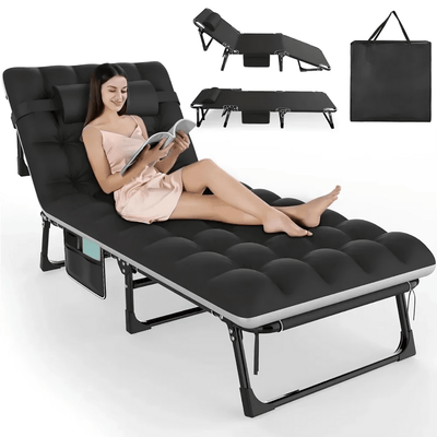 Black folding bed with a woman reading a book, shown in various angles on a white background.