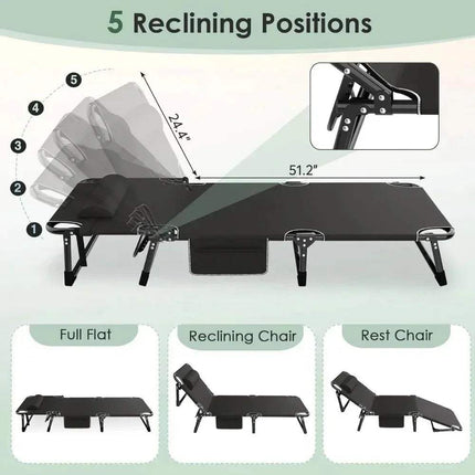 Black 3-in-1 Folding Camping Bed with various positions shown on a white background