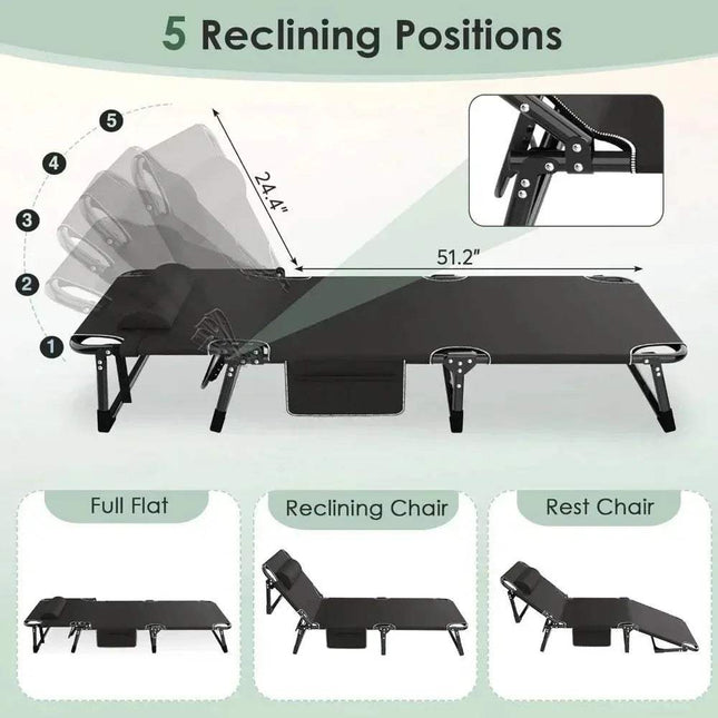 Black 3-in-1 Folding Camping Bed with various positions shown on a white background