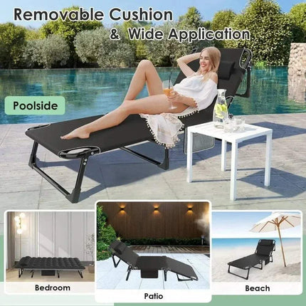 Person lounging on a 3-in-1 Folding Camping Bed with text indicating removable cushion and wide application, set against a poolside background.