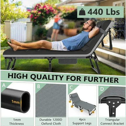 Person lying on a 3-in-1 Folding Camping Bed with text indicating weight capacity and quality features.