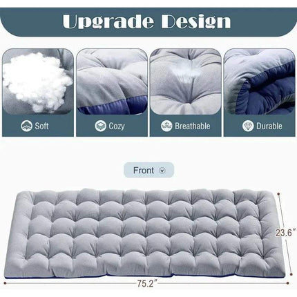 3-in-1 Folding Camping Bed with features labeled as soft, cozy, breathable, and durable, and dimensions displayed.