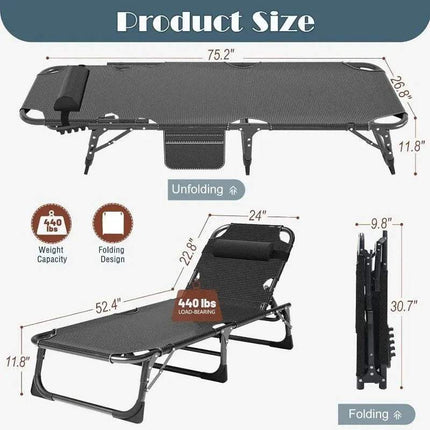 Measurement chart of a 3-in-1 Folding Camping Bed with dimensions and weight capacity.