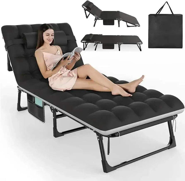 Black 3-in-1 Folding Camping Bed with a woman reading a book, shown with different angles and a carrying bag.
