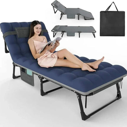 Woman reading a book on a blue 3-in-1 Folding Camping Bed with Adjustable Recliner Comfort with additional views and carrying bag.