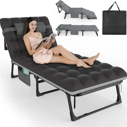 Woman reading a book on a 3-in-1 Folding Camping Bed with additional angles shown, including a carrying bag.