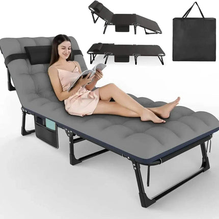Woman reading a book on a gray 3-in-1 Folding Camping Bed with additional tables and a carrying bag displayed.