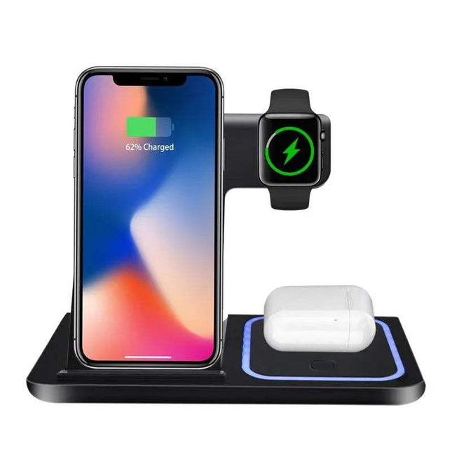 Wireless 3 In 1 Wireless Charger Foldable Charging Station with smartphone, smartwatch, and wireless earbuds on a white background