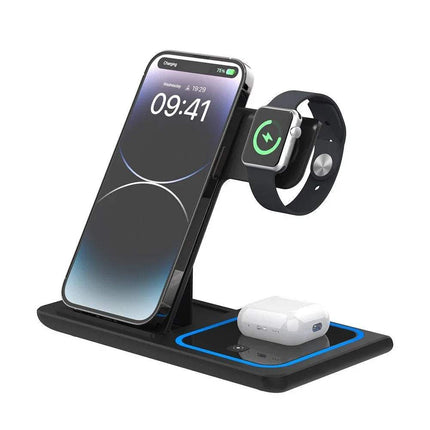 3 In 1 Wireless Charger Foldable Charging Station with smartphone, smartwatch, and earbuds on a white background