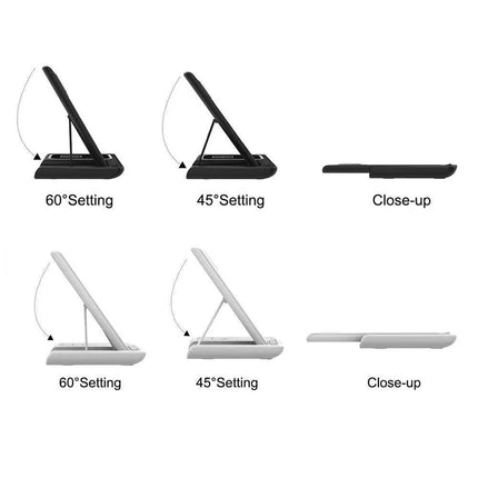 Illustrations of a foldable and adjustable 3 In 1 Wireless Charger Foldable Charging Station with different settings and close-up views on a white background.