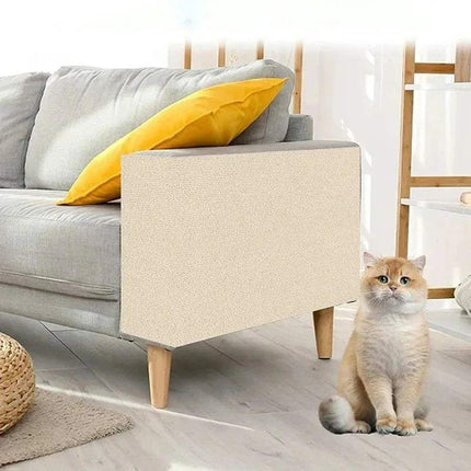 Cat Anti Scratch Mat protecting a sofa with a happy cat sitting nearby in a cozy living room.