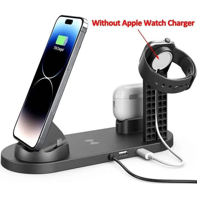 5 In 1 Wireless Charger Stand Pad with smartphone, smartwatch, and earbuds, labeled 'Without Apple Watch Charger'.