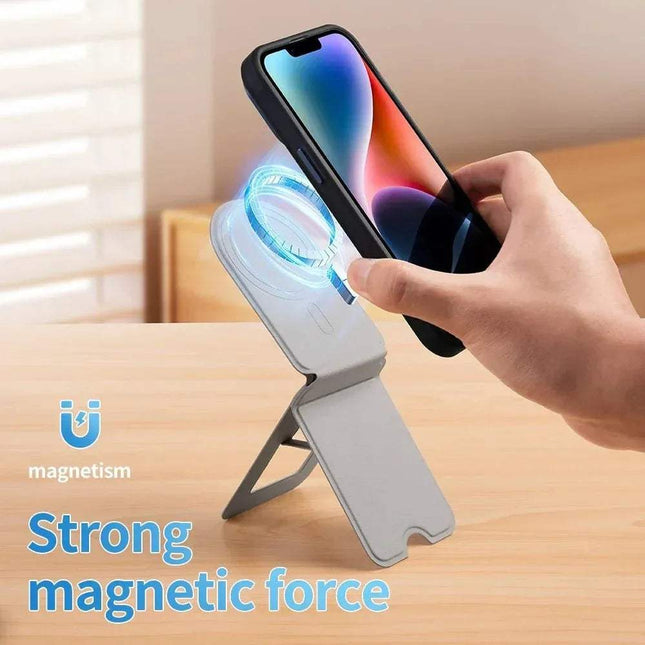 Magnetic Phone Stand Holder with strong magnetic force for hands-free iPhone use on a desk or nightstand.
