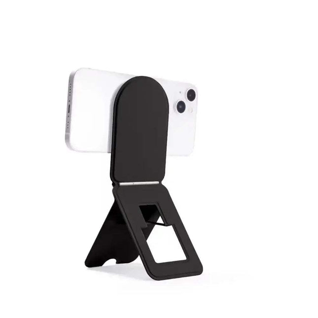 Magnetic Phone Stand Holder with a sleek black design, showcasing a foldable holder for hands-free iPhone use.
