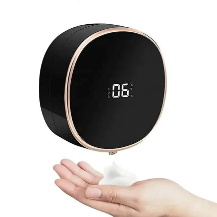 Black Automatic Foaming Hand Soap Dispenser for Touch-Free Hygiene with digital display on a white background