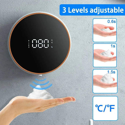 Automatic Foaming Hand Soap Dispenser  with digital display and adjustable time settings on a gray background