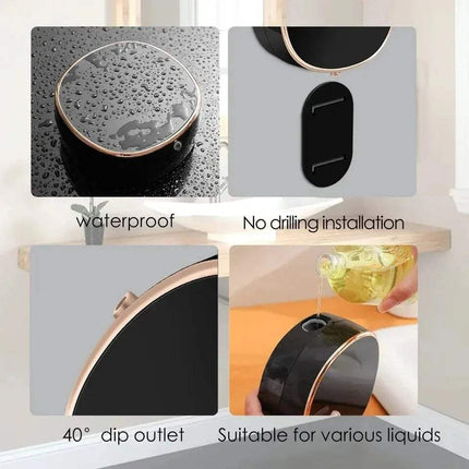 Collage of an Automatic Foaming Hand Soap Dispenser with features highlighted, including waterproof design, no drilling installation, 40-degree dip outlet, and suitability for various liquids.