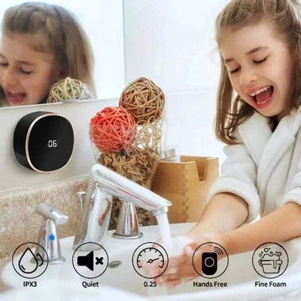 Child washing hands with Automatic Foaming Hand Soap Dispenser in a bathroom setting