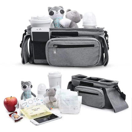 Gray Baby Stroller Organizer Convenient Storage for Parents on the Go with baby items on a white background