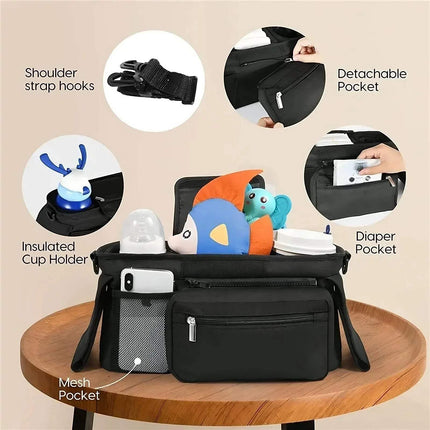 Black Baby Stroller Organizer Convenient Storage for Parents on the Go with various compartments and features highlighted on a beige background