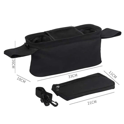 Black Baby Stroller Organizer Convenient Storage for Parents on the Go with measurements on a white background