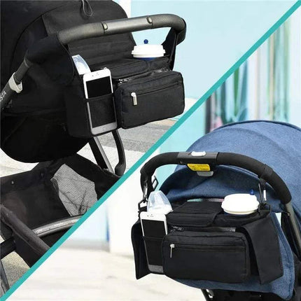 Black Baby Stroller Organizer Convenient Storage for Parents on the Go with phone holder and cup holder attached to a stroller.