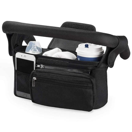 Black Baby Stroller Organizer Convenient Storage for Parents on the Go with phone, cup, and other items on a white background