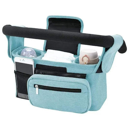 Blue Baby Stroller Organizer Convenient Storage for Parents on the Go with various items on a white background